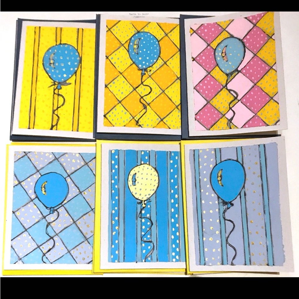 Set of 6 Cards. Balloon Designs. Blank Inside. Handpainted. Framable, NWT